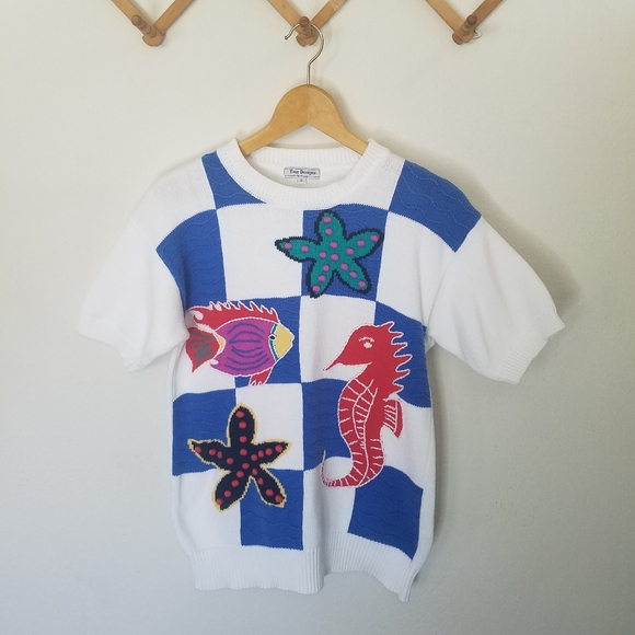 Vintage Fish Beach Sweater Blouse Sz Small Knit 3D Pom Pom Tess Designs Bermuda - Picture 9 of 16